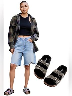 Forever Link Benefit-31 Rhinestone Black Faux-Fur Double-Buckle Slide Sandals 🖤💎